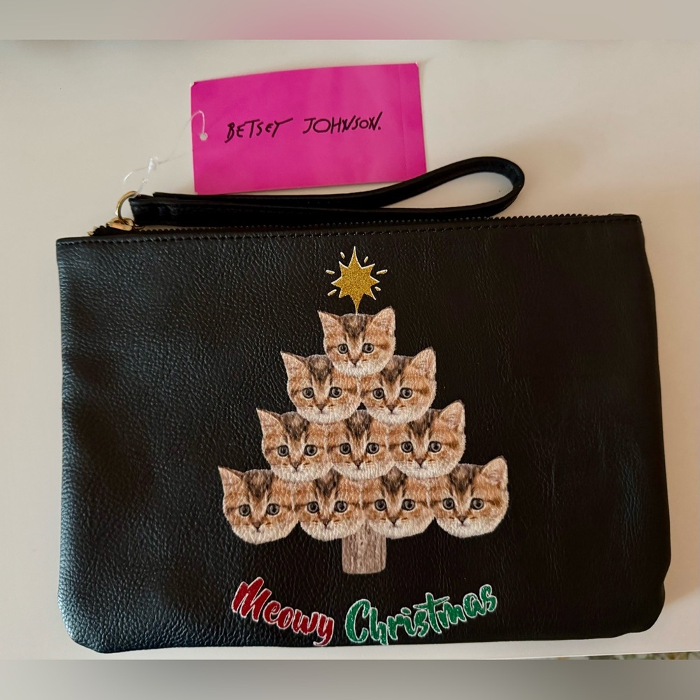 Betsey Johnson ‘Meowy Christmas’ Kitty Cat Tree Holiday Wristlet Clutch NWT